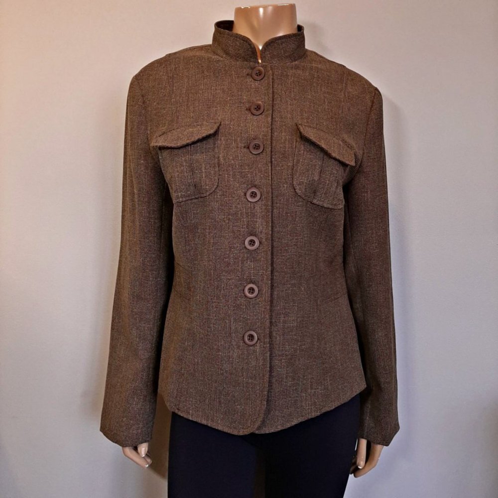 Cleo Blazer Jacket Tweed Fall Military Brown Womens Size 12 Flap Pocket Gorpcore - Picture 8 of 12